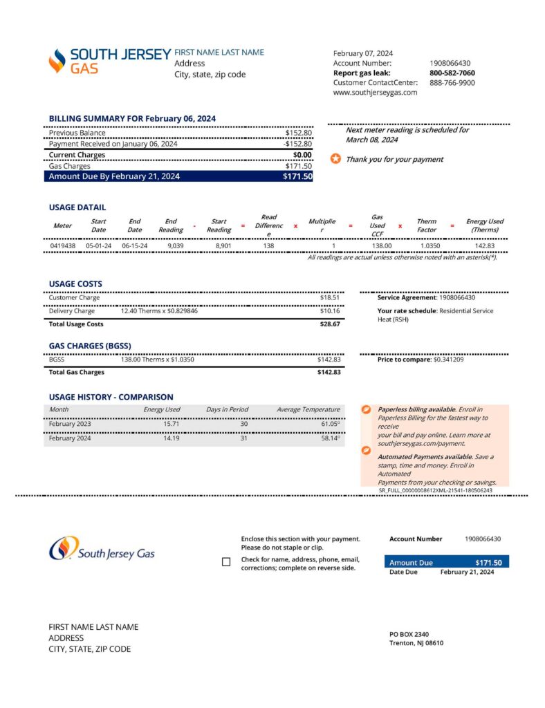 New Jersey utility bill template