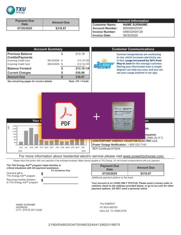 TXU Energy utility bill from Texas – editable PDF simulation for 2025