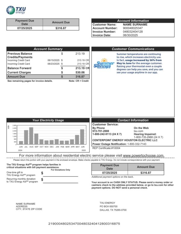 Texas TXU Energy A4 utility template – download and edit easily