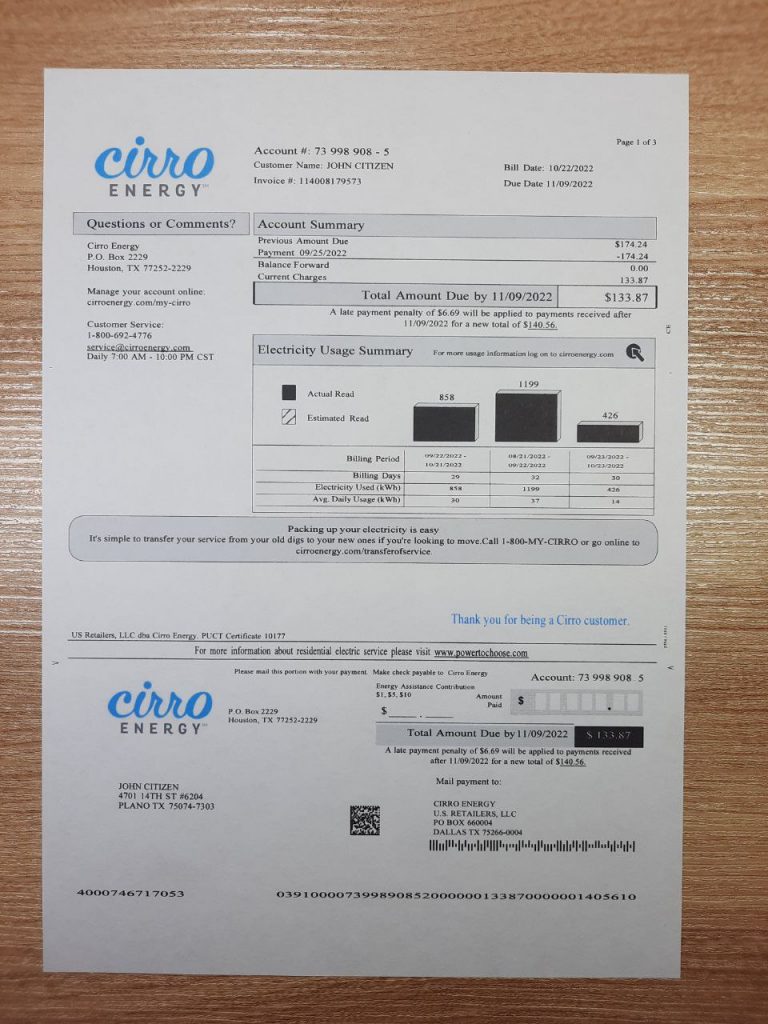 Texas Cirro Energy fake electricity bill generator