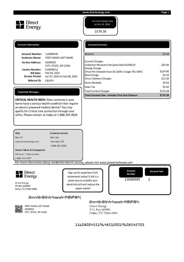 Direct Energy utility bill template