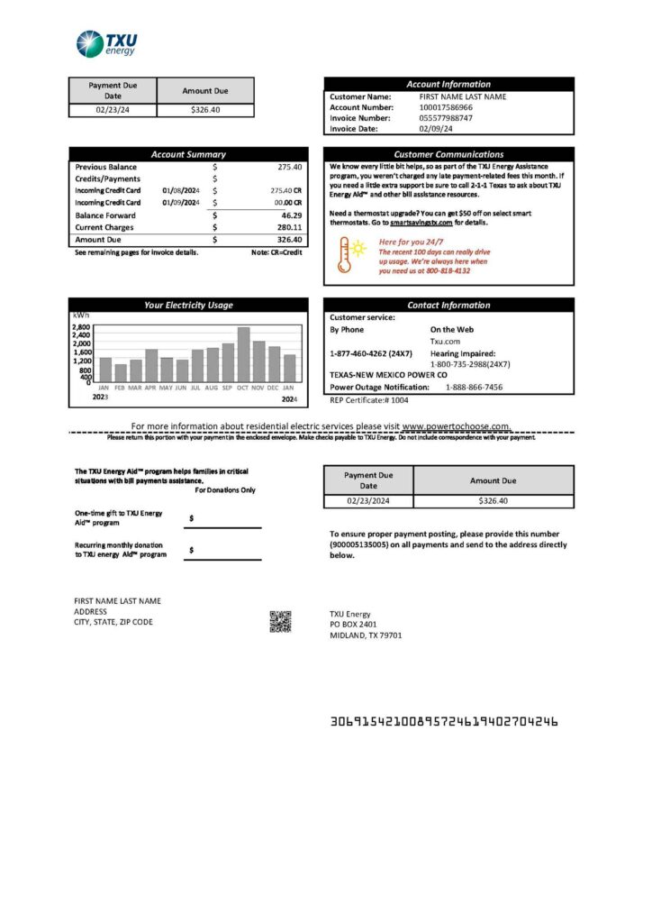 TXU Energy Create Fake utility bill