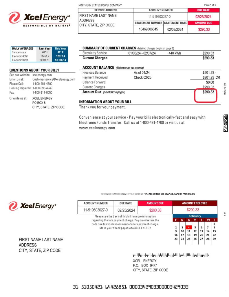 North Dakota Xcel Energy utility bill