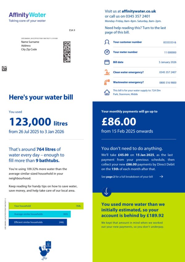 Editable Water bill template – UK Affinity sample in PDF