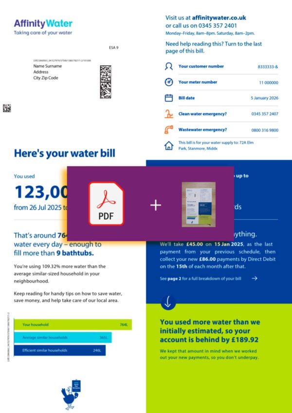 Verified UK Affinity Water statement – PDF with visual watermark
