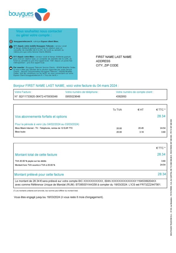 France fake utility bill template