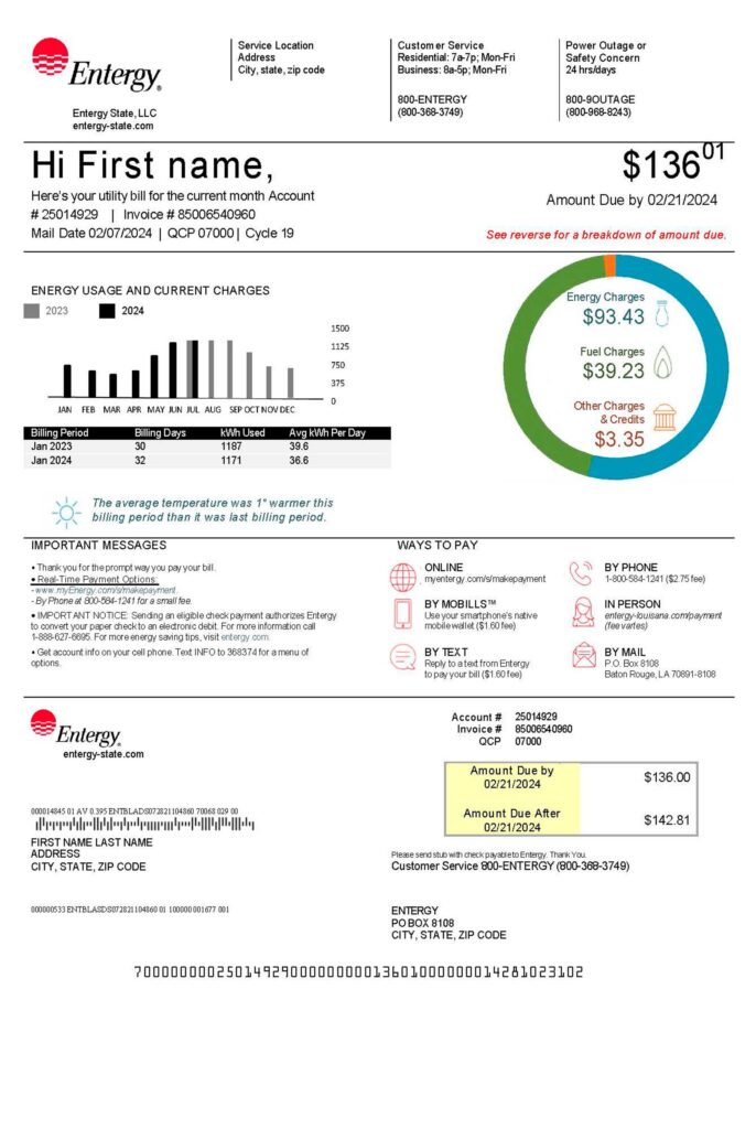 fake Entergy utility bill template