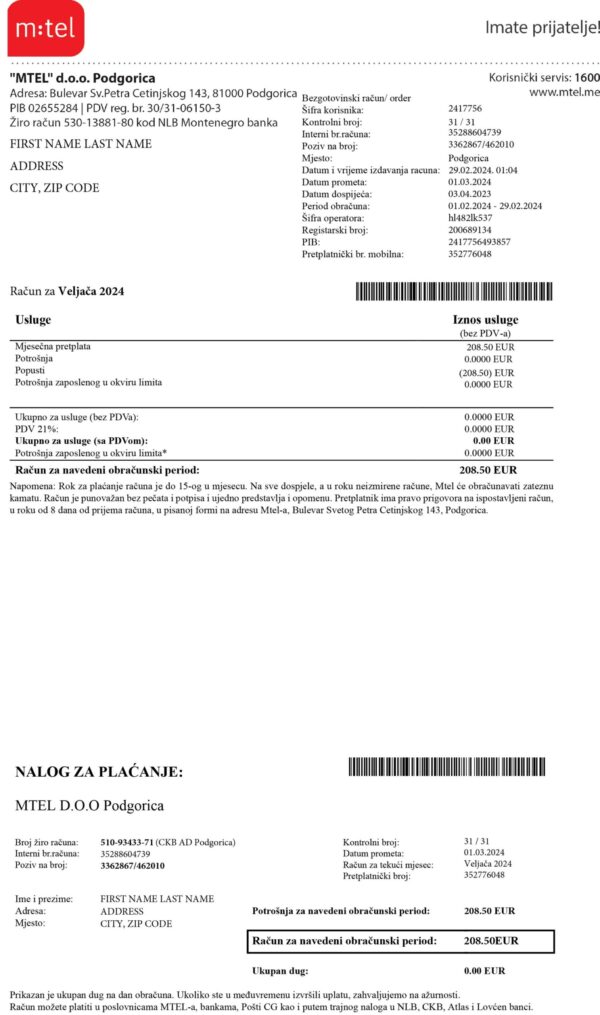 Editable phone bill template – Montenegro M TEL sample in PDF