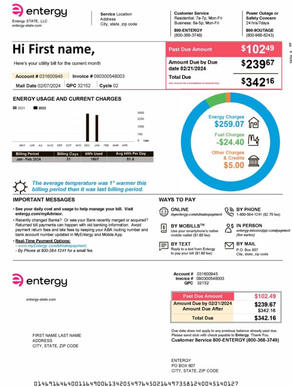 fake Entergy utility bill template