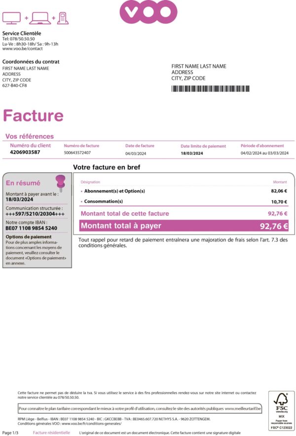 VOO belgium VOO utility bill from {State} – customizable PDF for address proof