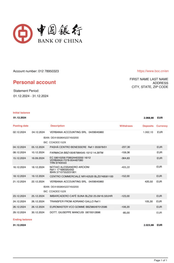Clean layout of Bank of China {utility type} bill – editable {State} version