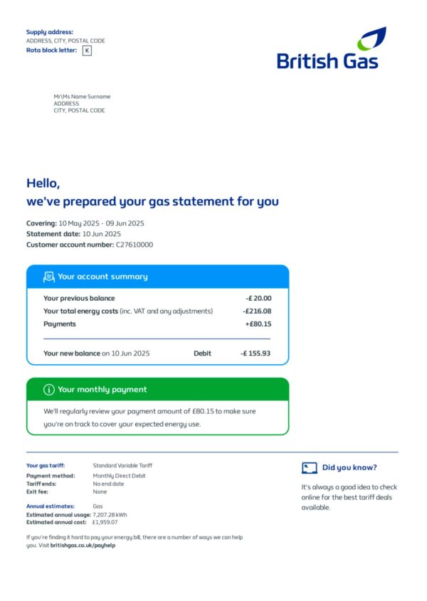 Clean layout of British Gas bill – editable UK version