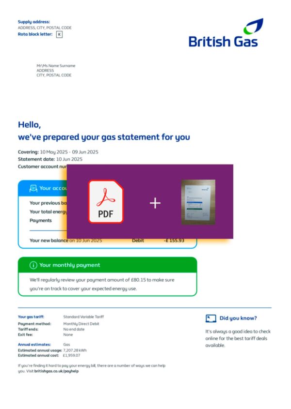 Verified UK British Gas statement – Custom PDF