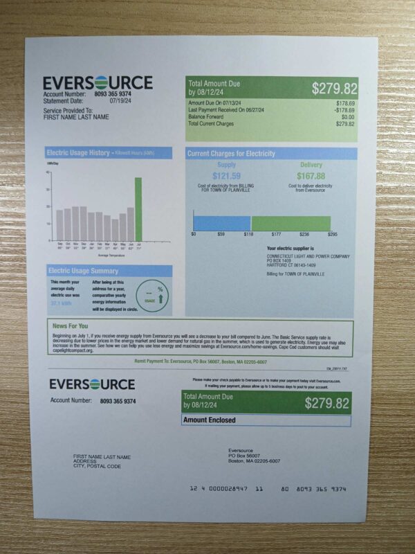 Fake Eversource utility bill