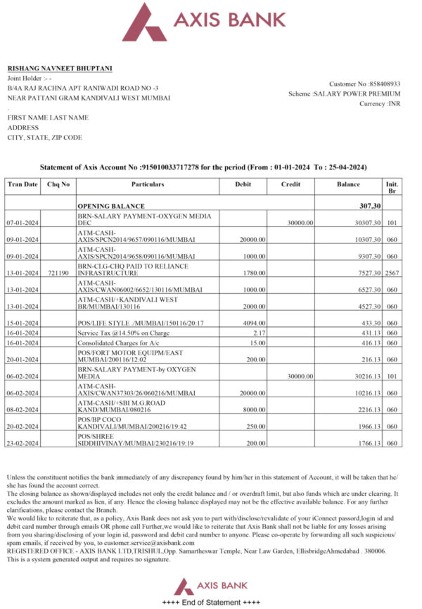 Axis Bank statement from India – modifiable PDF template