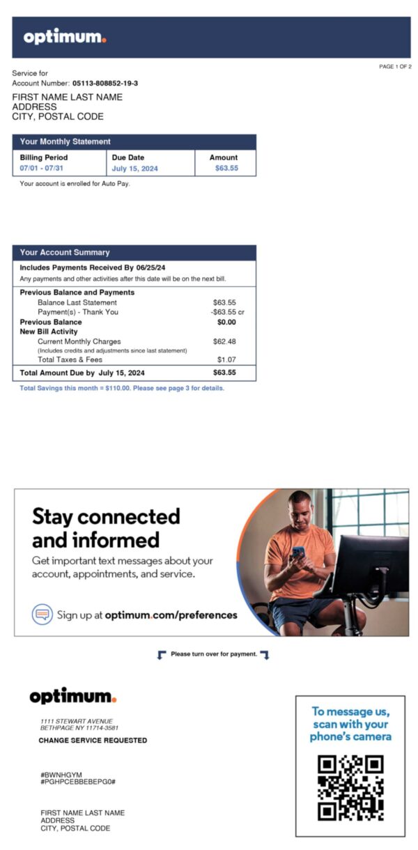 Editable internet bill template – US Optimum sample in PDF