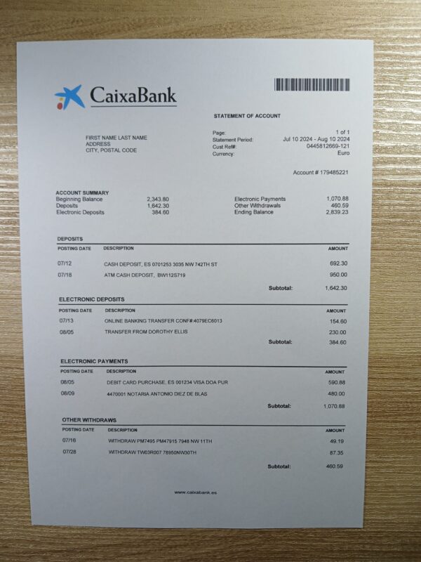 Printed {State} Caixa Bank utility bill – real photo for document verification