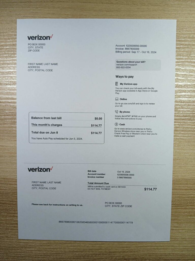 Fake Verizon Phone utility bill