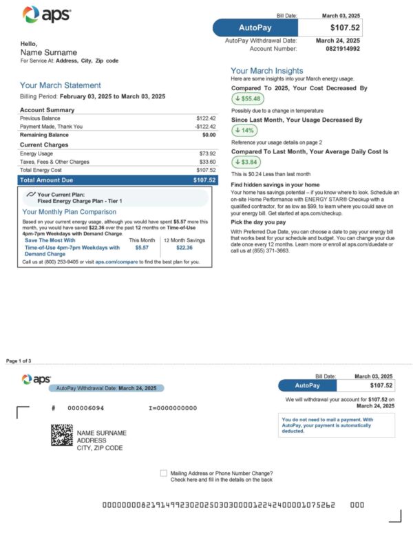 Editable APS Energy bill template – Arizona APS Energy sample in PDF