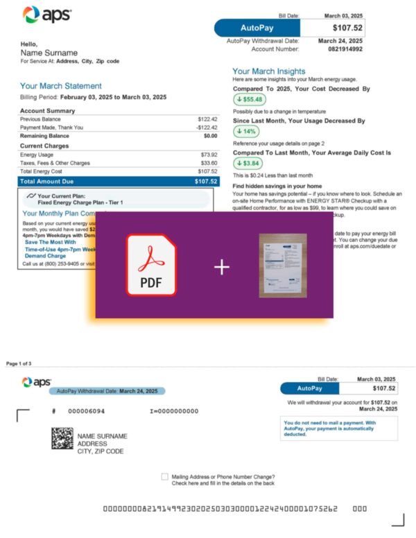 APS Energy document for Arizona – proof-of-address label applied