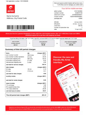Airtell utility bill from Bangladesh – customizable PDF for address proof