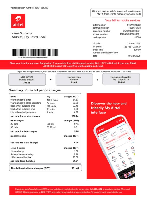 Airtell utility bill from Bangladesh – customizable PDF for address proof
