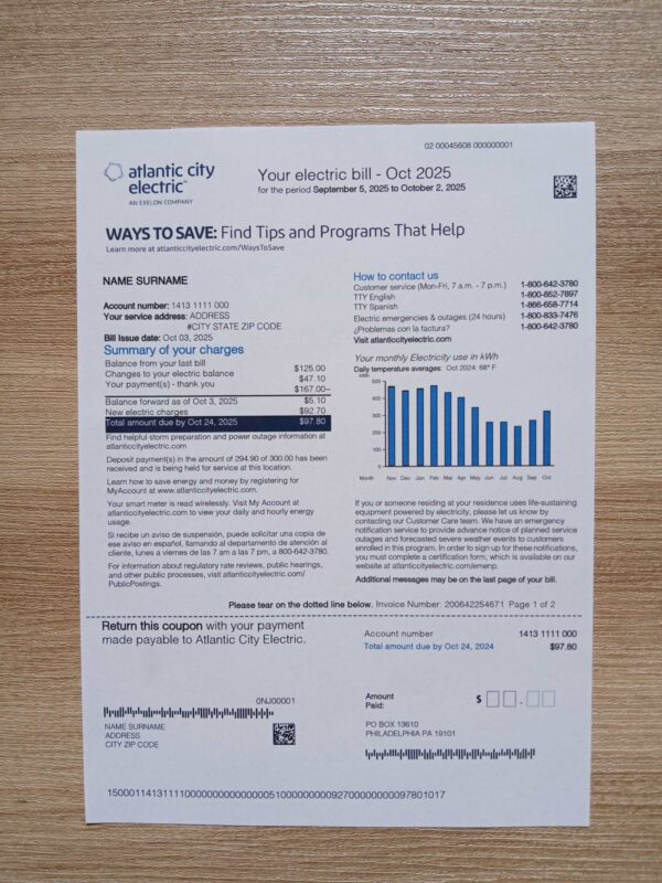 Visual example of printed Atlanta City electric utility bill in New Jersey