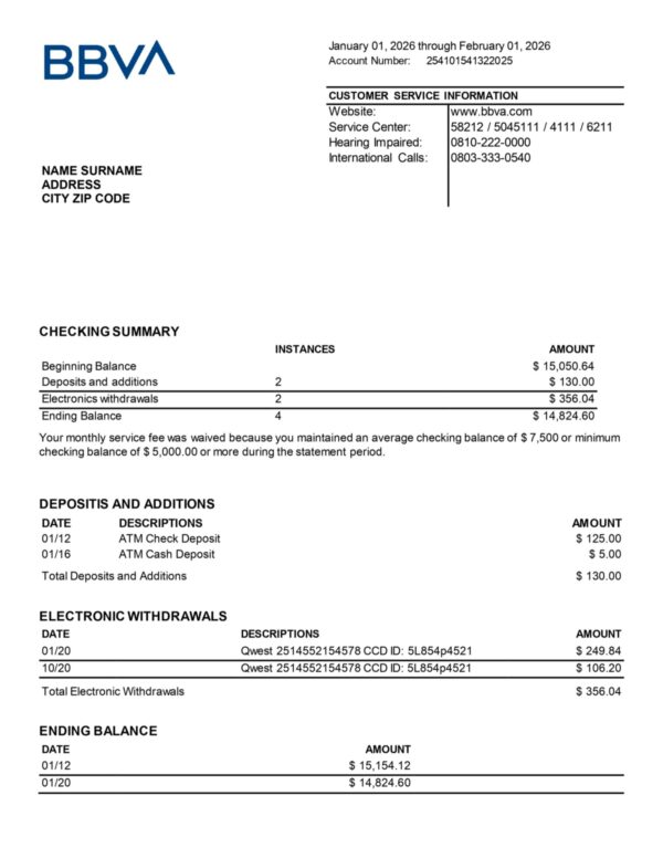 BBAV Bank statement from Canada – modifiable PDF template