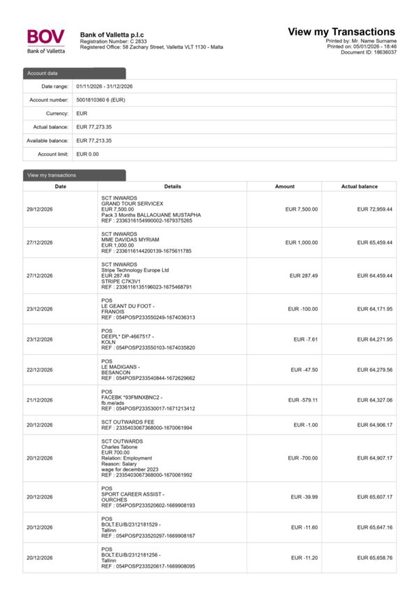 Clean layout of BOV Bank statement – editable Malta version