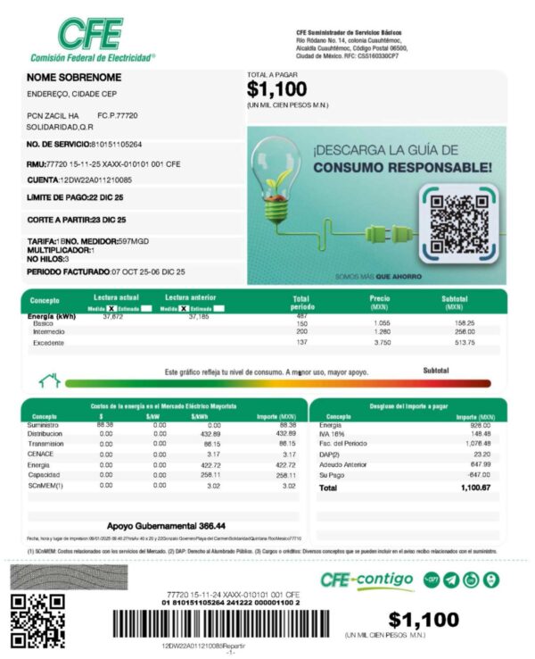 Editable energy bill template – Mexico CFE sample in PDF
