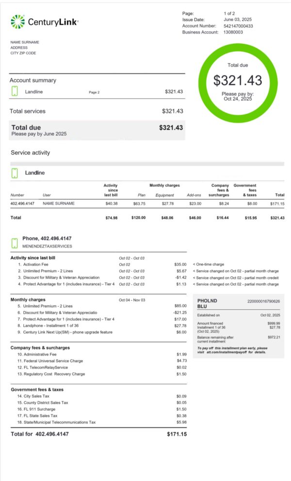 CenturyLink Iowa phone bill – editable telecom utility template PDF