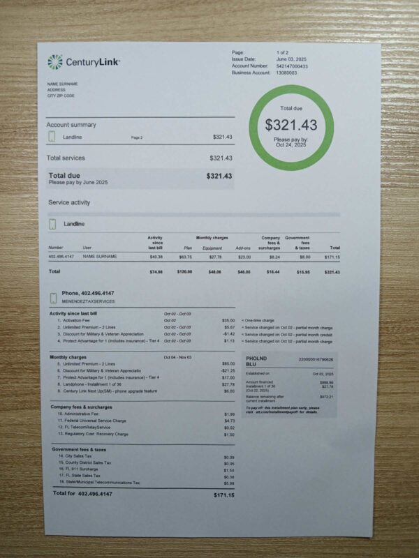Editable South Dakota CenturyLink phone bill – PDF 2025