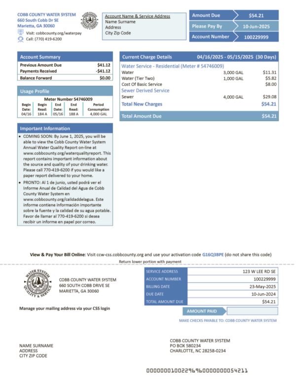Georgia Cobb Water A4 utility template – download and edit easily