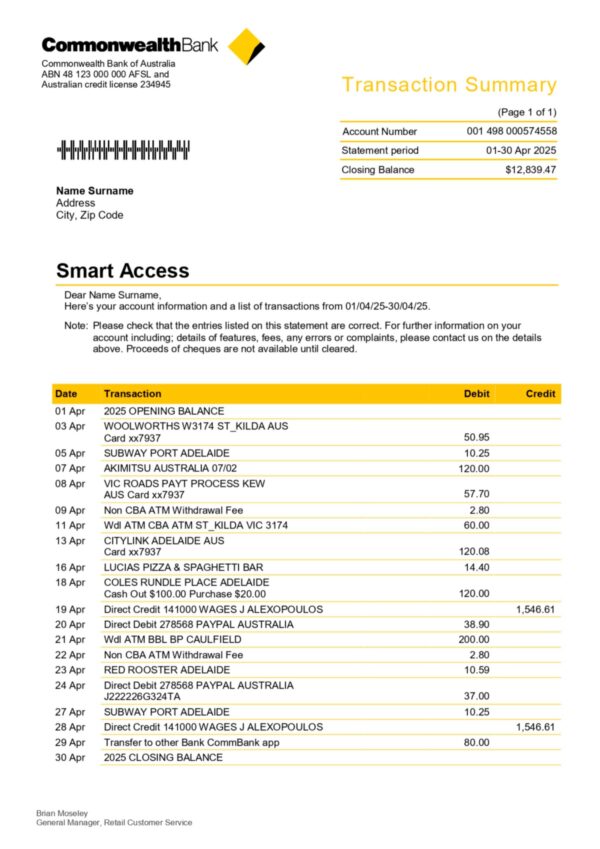 Commonwealth Bank statement from Australia – modifiable PDF template