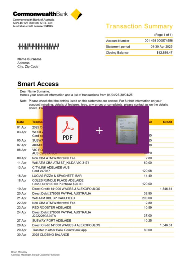 Verified Australia Commonwealth Bank statement – PDF with visual watermark