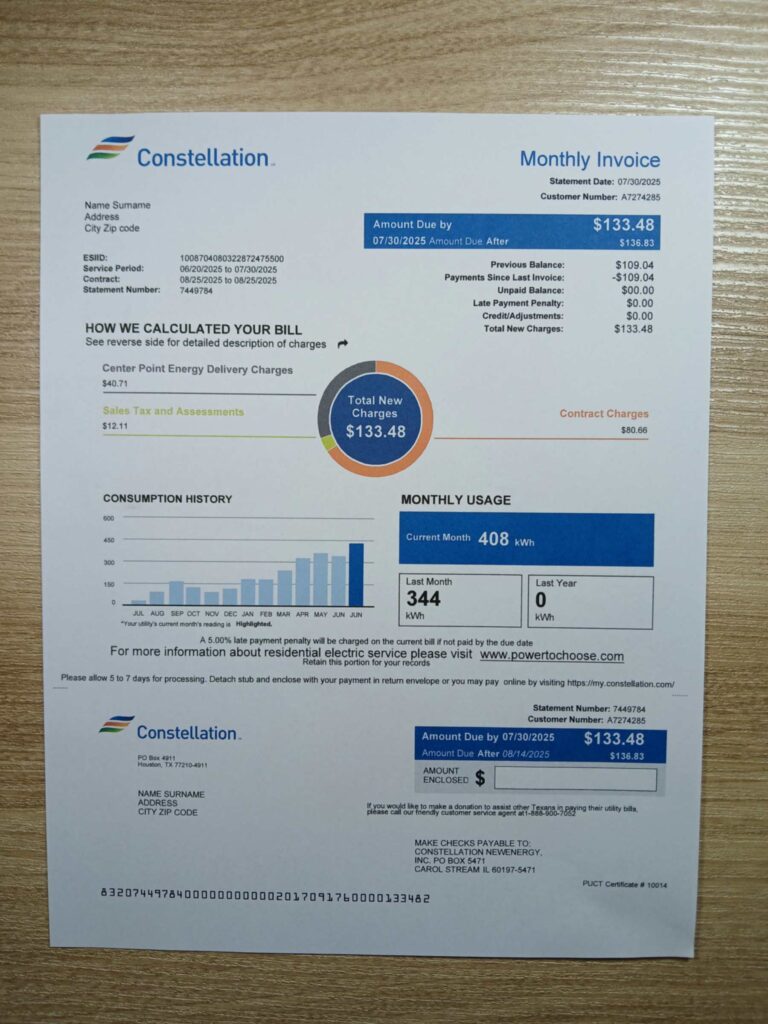 Editable Texas Constellation Energy bill – PDF template for 2025 UX testing