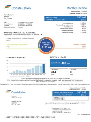 Editable Virginia utility bill – Constellation Energy PDF for 2025 testing