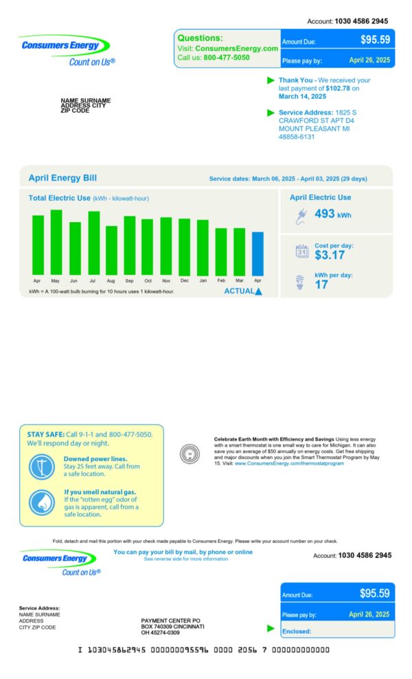 Consumers Energy utility bill – editable Michigan PDF for 2025 UX simulation