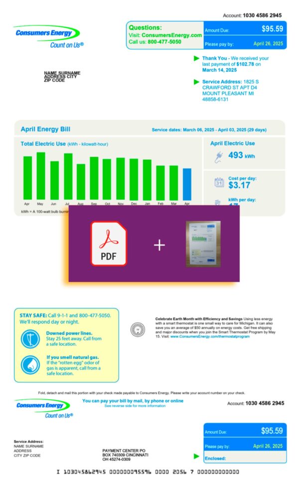 Electricity statement mockup – Consumers Energy document from Michigan
