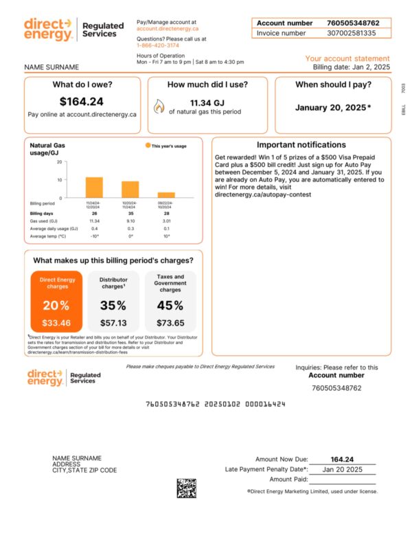 Canada Direct Energy A4 utility template – download and edit easily