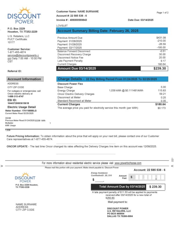 Editable electricity bill template – Texas Discount power sample in PDF