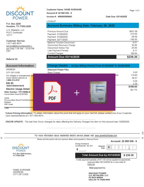 Printable Discount Power utility bill – Texas electricity template 2025