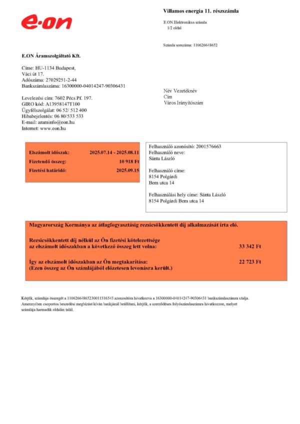 E-ON utility bill from Hungary – customizable PDF for address proof