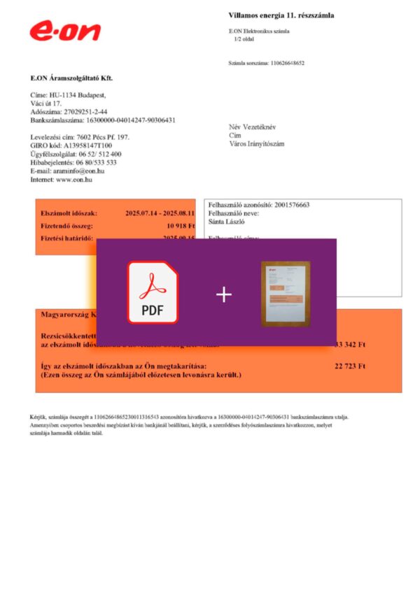Hungary E-ON bill template – includes authenticity banner