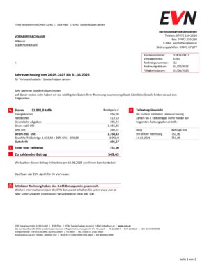 EVN electric statement from Austria – modifiable PDF template