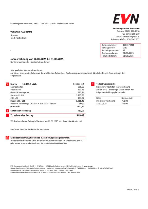 EVN electric statement from Austria – modifiable PDF template
