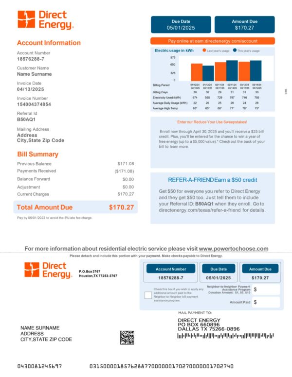 Editable Direct Energy utility bill – USA-wide PDF template for KYC