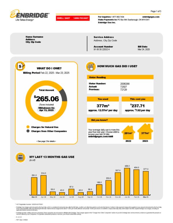 Clean layout of Enbridge gas bill – editable Ontario version