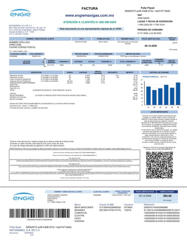 Clean layout of Engie energy bill – editable Mexico version