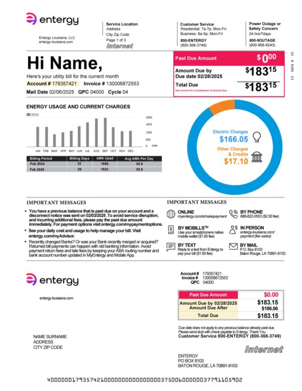 Downloadable electric bill from Entergy Louisiana – banner included